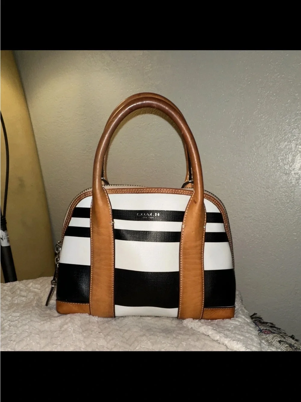 Coach Black, White & Tan Striped Dome Satchel